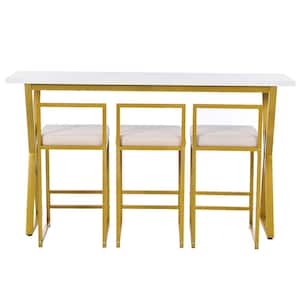 Modern 4-Piece Rectangle Gold Finish MDF Top Dining Table Set Dining Room Set with 3 Padded Stools