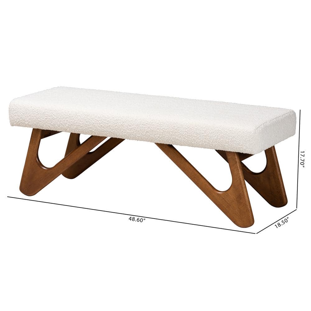 Rika Cream Boucle Fabric and Walnut Wood Bench
