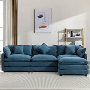 112 in. Square Arm Chenille Upholstered Rectangle Sofa in. Blue with Ottoman and 5 Pillows