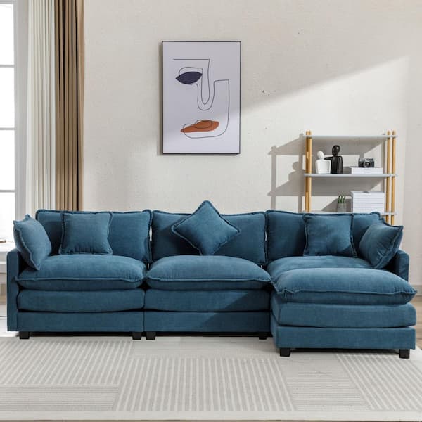 Clihome 112 in. Square Arm Chenille Upholstered Rectangle Sofa in Blue with Ottoman and 5-Pillows