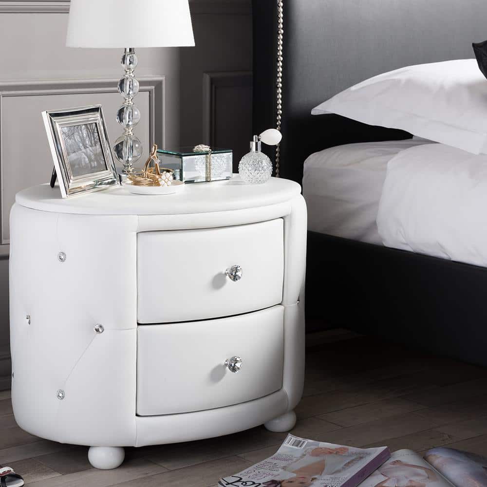 Davina Oval White Faux Leather Glamour Nightstand with Crystal Accents
