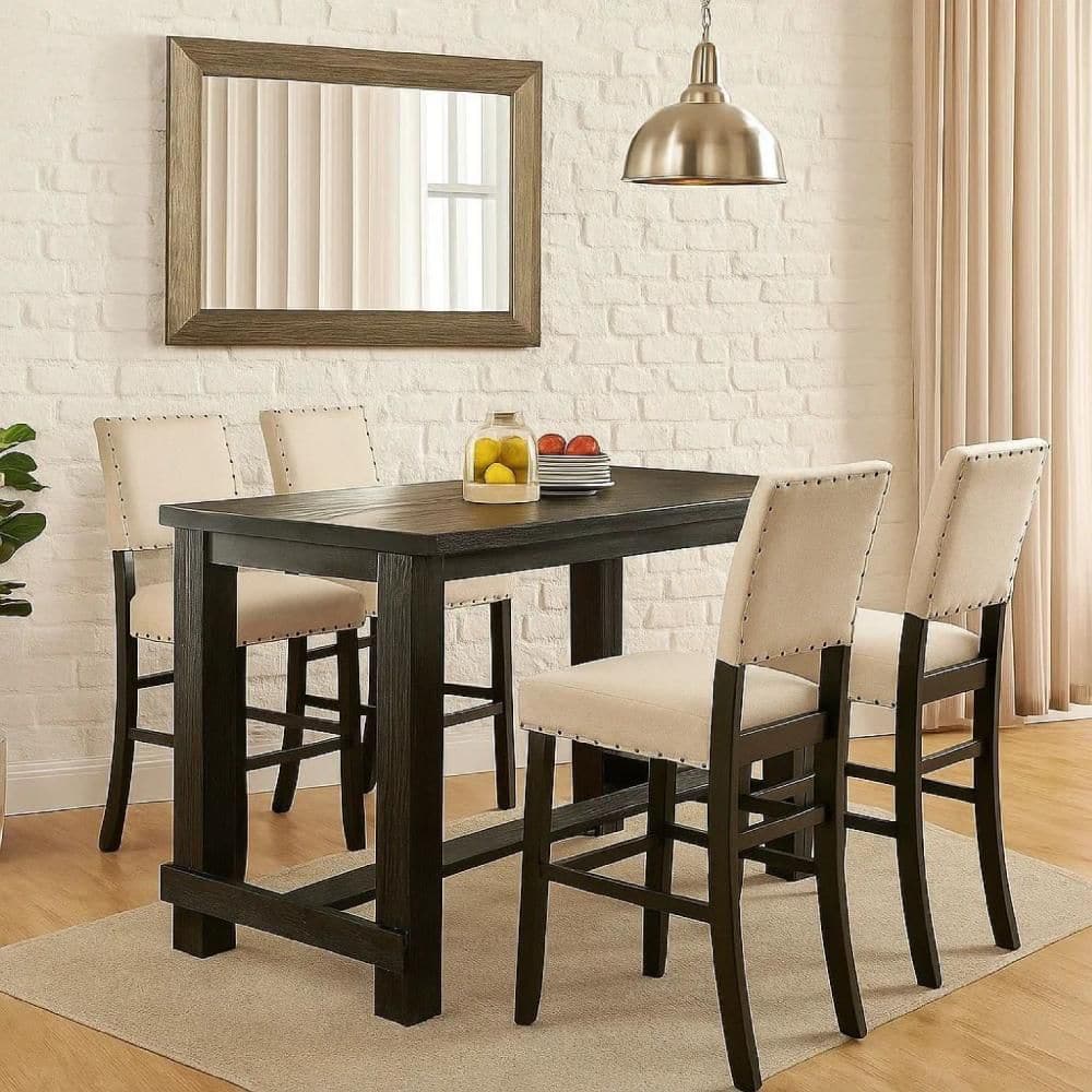 Bega 42 in. H 5-Piece Black Solid Wood Dining Bar Height Table and Ivory Chair Bar Table Set Seats 4