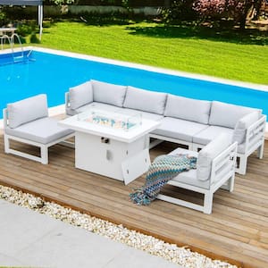 Large Size White 7-Piece Aluminum Patio Frie Pit Deep Seating Sectional Sofa Set with Light Gray Cushions