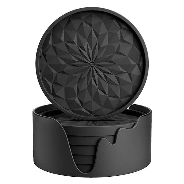 3.9 in. Silicone Coasters with Holder for Hot or Cold Drinks Thickened, Non-Slip, Non-stick, Deep Tray Black (Set of 6)