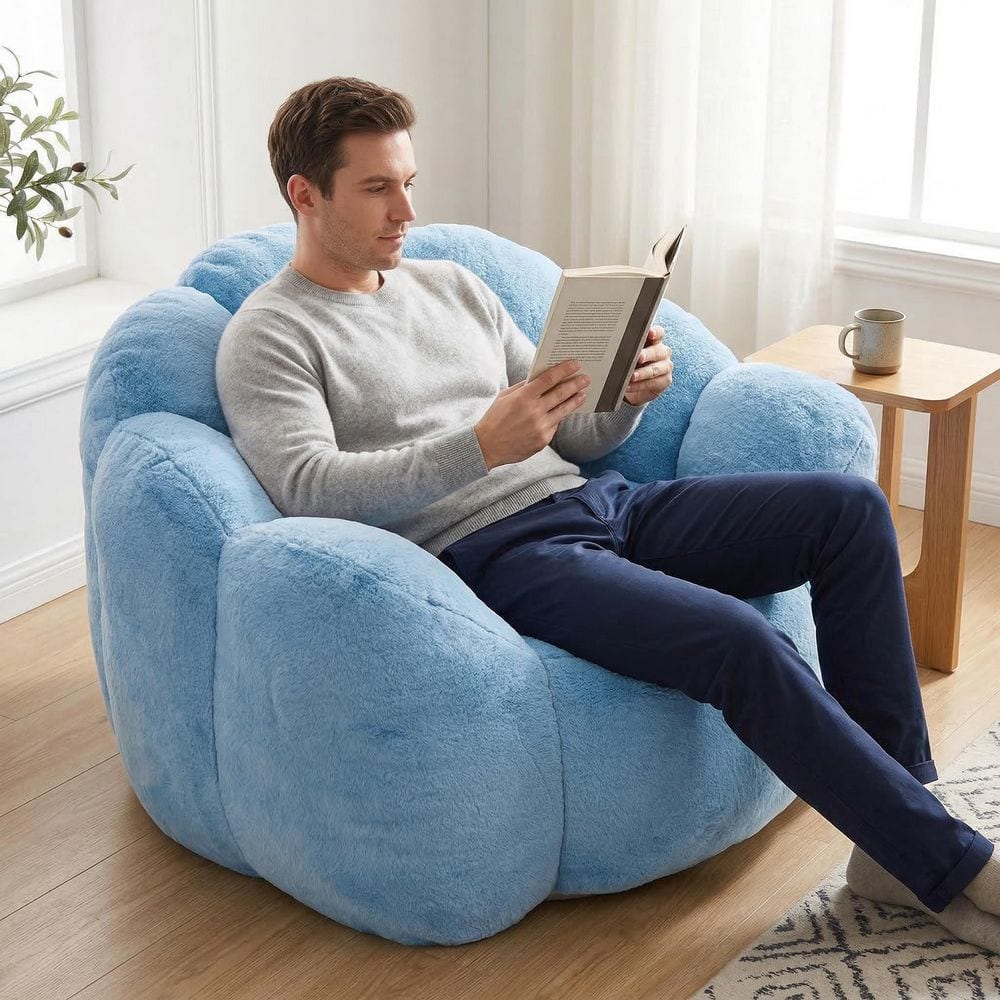 43.7 in. W Blue Faux Fur Medium Bean Bag for Living Room, Bedroom