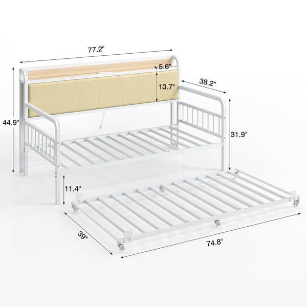 Twin Daybed with USB Ports and Outlets, White Metal Sofa Daybed Frame with Trundle, Multi-Functional Guest Bed