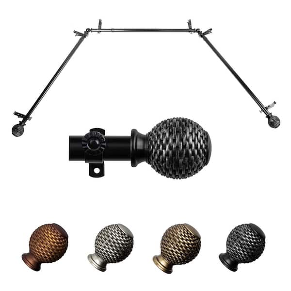 EMOH Aeliana 20-36 in. sides, 38-72 in. center Adjustable Bay Window Curtain Rod 13/16 in. in Black with Finial