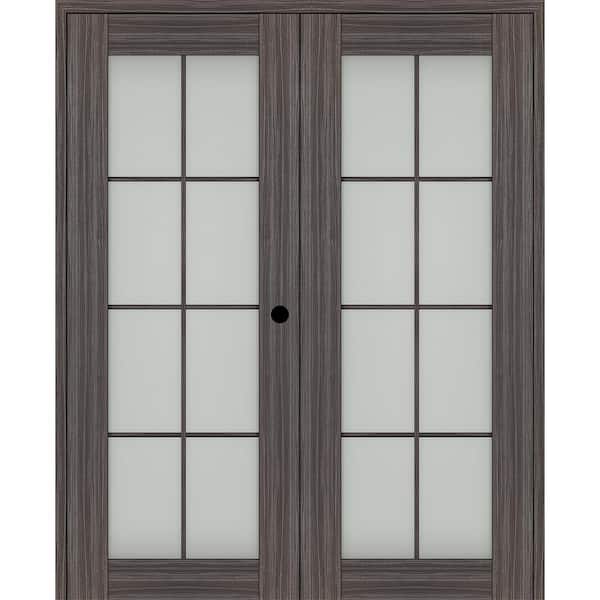 Belldinni Paola 64 in. x 84 in. Left Hand Active 8-Lite Frosted Glass Gray Oak Wood Composite Double Prehung French Door