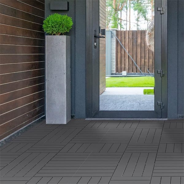 EPIPHANY DOUBLED INC 1 ft. W x 1 ft. L Square Plastic Patio Interlocking Deck Tile in Gray All Weather for Balcony (Pack of 27)