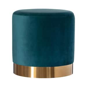 Modern Round Velvet Fabric Standard Ottoman Stool with Gold Base, Dark Green