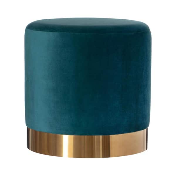 FABULAXE Modern Round Velvet Fabric Standard Ottoman Stool with Gold Base, Dark Green