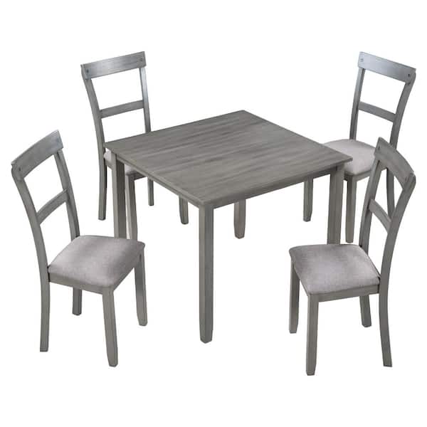LUCKY ONE 5-Piece Wood Top Gray Dining Kitchen Industrial Set Square Dining Room Table and Padded Chairs Seats 4
