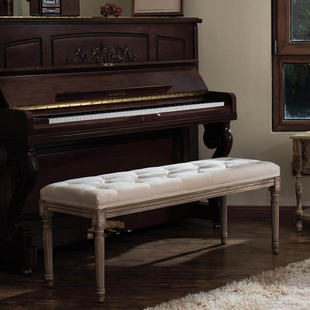 Beige French Vintage Upholstered Bench with Carved Wood Frame