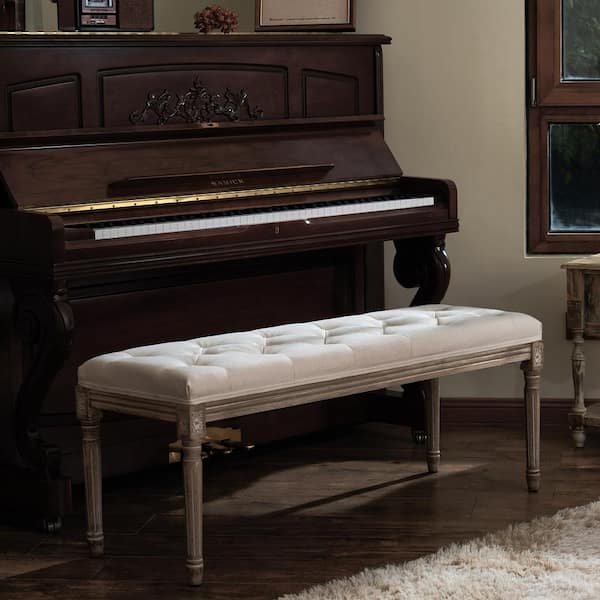 Beige French Vintage Upholstered Bench with Carved Solid Wood Frame (18.1 in. H x 47.2 in. W x 15.7 in. D)