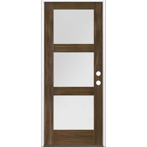 Krosswood Doors 36 in. x 80 in. Modern Douglas Fir 3-Lite Left-Hand/Inswing Frosted Glass Black Stain Wood Prehung Front Door