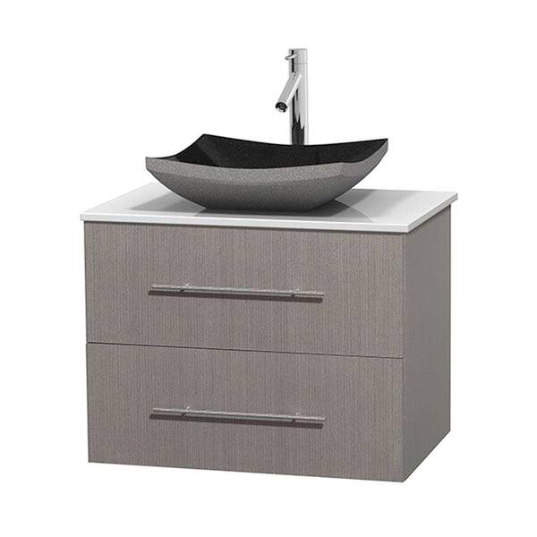 Wyndham Collection Centra 30 in. Vanity in Gray Oak with Solid-Surface Vanity Top in White and Black Granite Sink