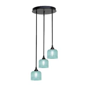 Villa 15 in. 3-Light Matte Black Cluster Pendant Light with 6 in. Turquoise Textured Glass Shades, no bulbs included