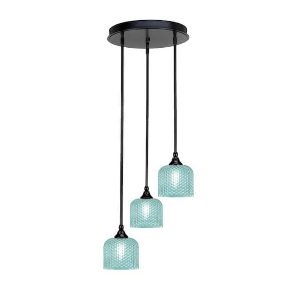Unbranded Villa 15 in. 3-Light Matte Black Cluster Pendant Light with 6 in. Turquoise Textured Glass Shades, no bulbs included