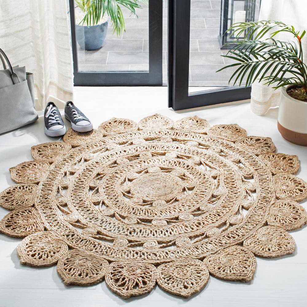 Handmade Natural Jute Round Area Rug with Floral Pattern
