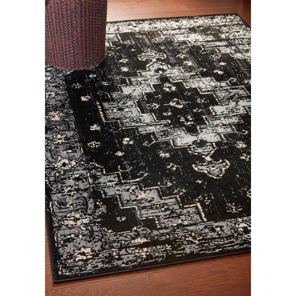 Infinity Black and Gray Oriental Synthetic Area Rug