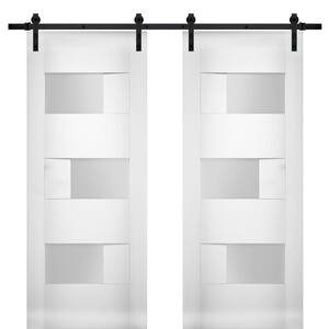 72 in. x 80 in. Single Panel White Solid MDF Sliding Doors with Double Barn Black Hardware