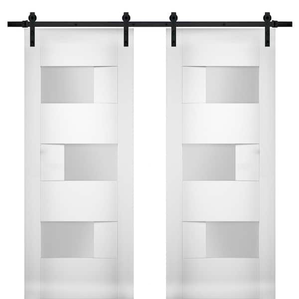 VDOMDOORS 72 in. x 84 in. Single Panel White Solid MDF Sliding Doors with Double Barn Black Hardware