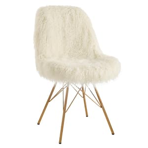 Catie Cream Faux Fur Flokati Chair with Gold Metal Legs