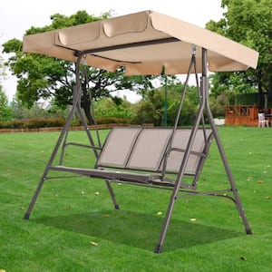 67.3 in. 3-Person Metal Patio Swing Chair with Dark Beige Canopy