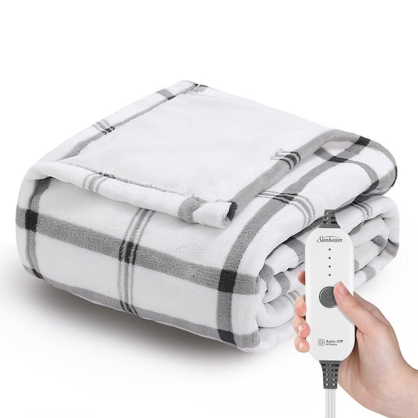 Sunbeam 50 in. x 60 in. Nordic Premium Heated Throw Electric Blanket, White Grey Plaid