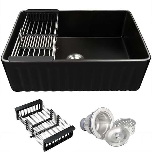 Black Fireclay 30 in. Single Bowl Apron-Front Kitchen Sink with Basket Strainer