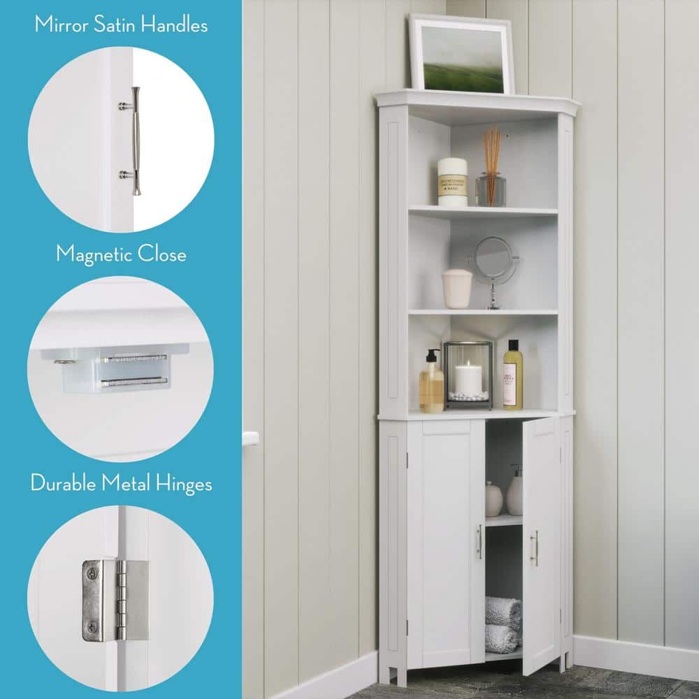 White Tall Corner Storage Cabinet with Adjustable Shelving