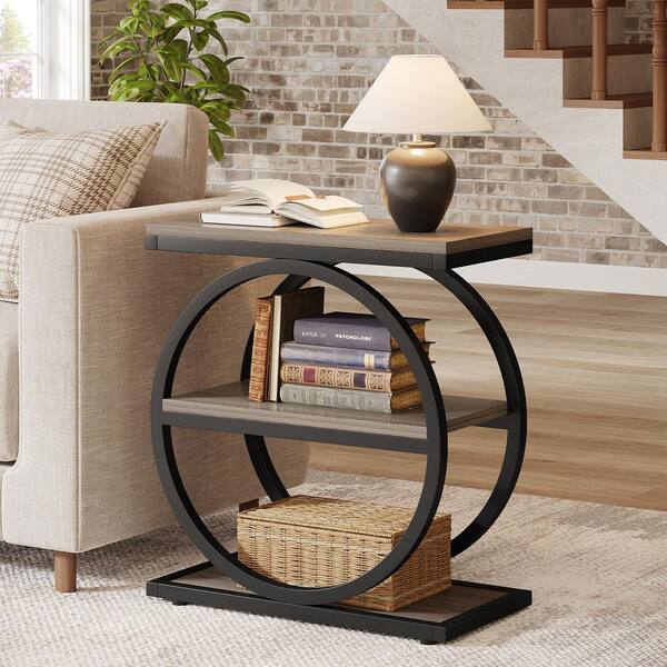 BYBLIGHT Kerlin 23.62 in. Gray Rectangle Wood End Table with 2 Tiers Storage Shelves and Geometric Base