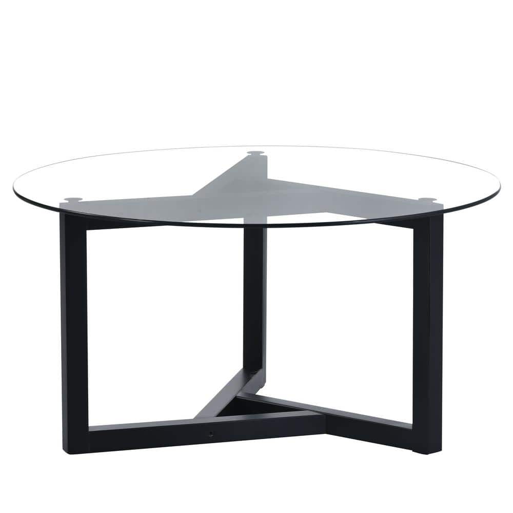 Black Round Outdoor Coffee Table with Tempered Glass Top and Sturdy Wood Ba
