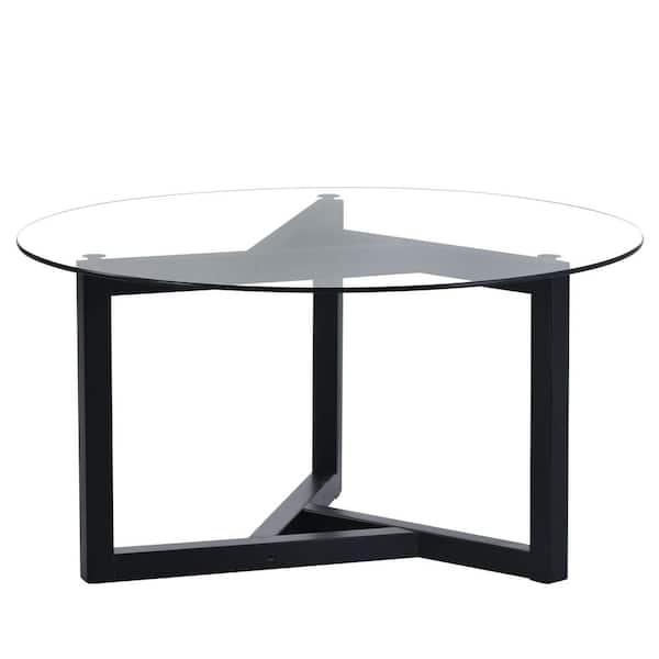 Unbranded Black Round Outdoor Coffee Table with Tempered Glass Top and Sturdy Wood Base for Indoor or Patio
