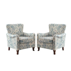 Vincent Blue Floral Fabric Pattern Wingback Armchair with Solid Wood Legs (Set of 2)