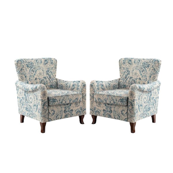 JAYDEN CREATION Vincent Blue Floral Fabric Pattern Wingback Armchair with Solid Wood Legs (Set of 2)
