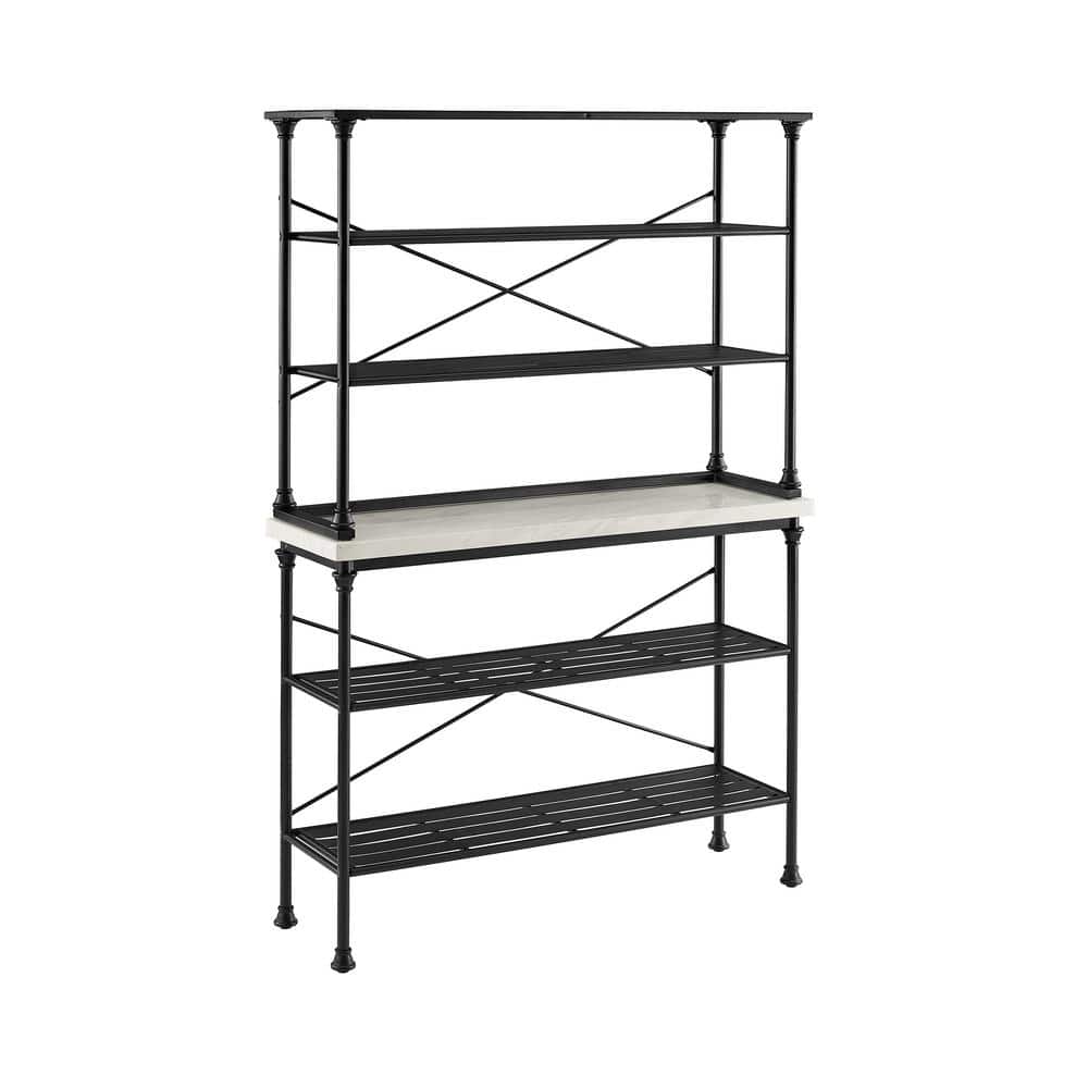 Elegant French Industrial Inspired Matte Black Baker's Rack with Faux Marble Top
