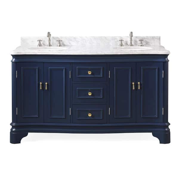 Benton Collection Navy Blue 60 in. W x 22 in. D x 35 in. H Bathroom Vanity in Navy Blue with White Quartz Top