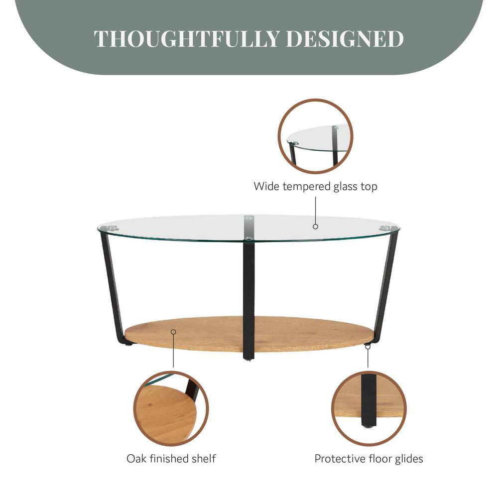 Nessa Oval Coffee Table with Glass Top and Oak Shelf