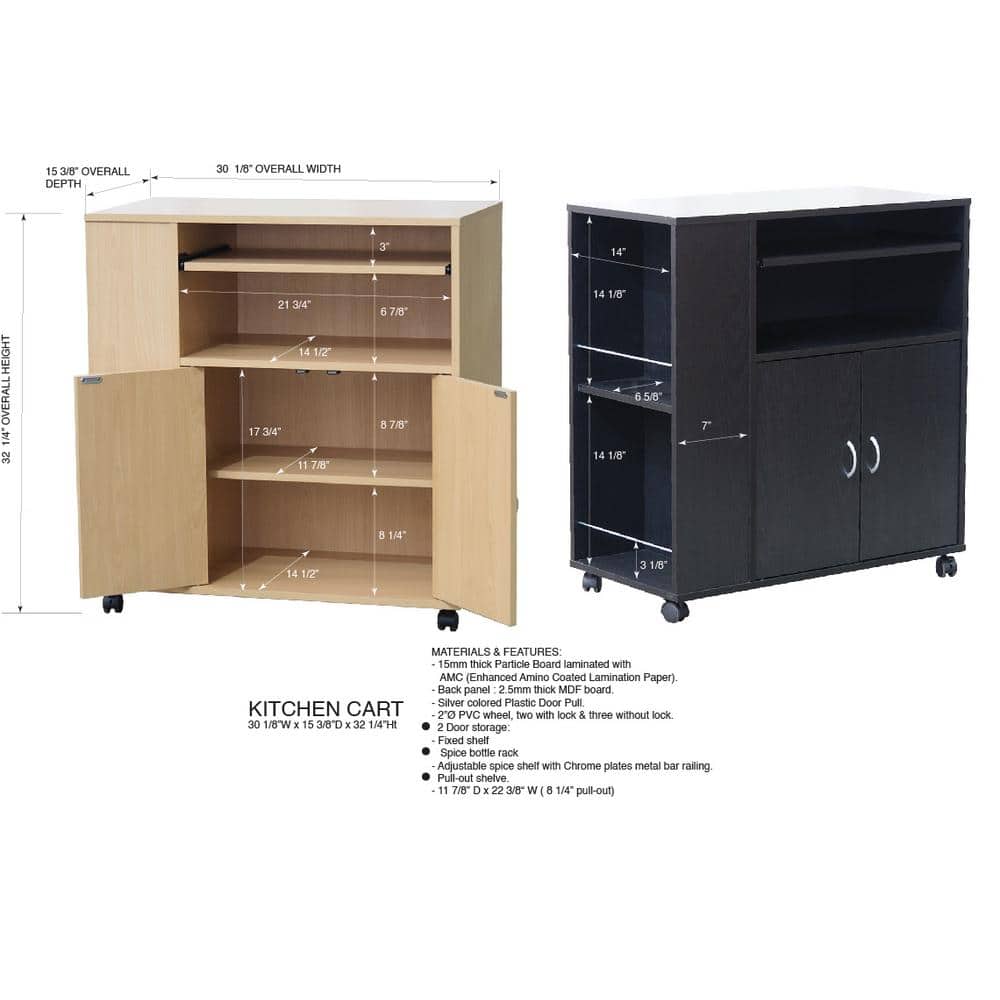White Laminate Wood Kitchen Cart with Spice Rack and Storage