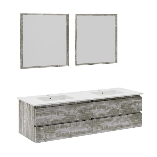 Fresca Formosa 72 in. Double Sink Wall Mount Floating Sage Gray Bath Vanity with White Quartz Top, Ceramic Sinks and Mirrors