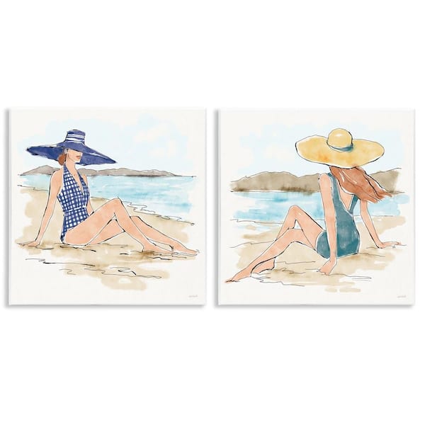 Stupell Industries Bathing Beauties on Beach by Anne Tavoletti 2-Pieces Unframed People Graphic Art Print 12 in. x 12 in.