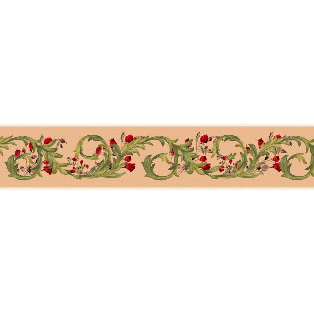 Falkirk Dandy Green, Sepia, Red Roses, Floral Scrolls Damask Peel and Stick