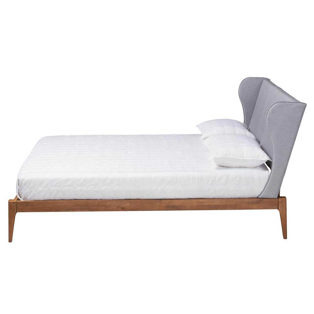 Royce Queen Walnut Wood Frame Gray Upholstered Wingback Bed