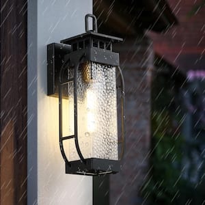 14 in. Black Outdoor Hardwired Wall Lantern Scone with Seeded Glass