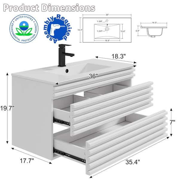 36 in. W x 18.3 in. D Single Sink Floating White Bath Vanity with White Integrated Advanced Composite Resin Top