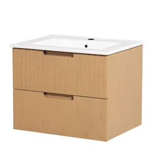 24 in. W Single Sink Floating Bath Vanity in Light Brown with White Ceramic Top and 2-Drawers