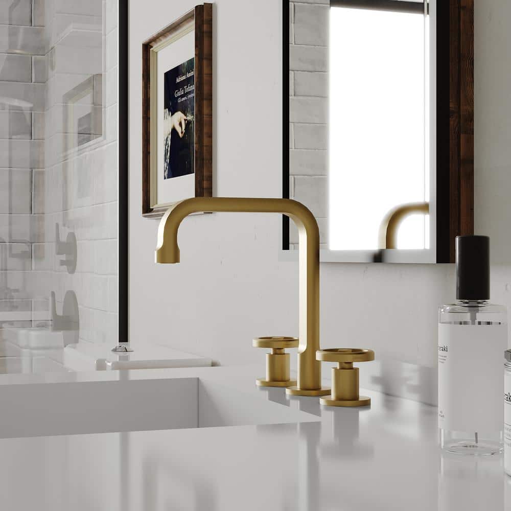 Brushed Gold Industrial Style Widespread Bathroom Faucet with Metal Drain