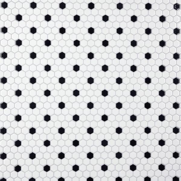 Merola Tile Metro 1 in. Hex Glossy White with Black Dot 10-1/4 in. x 11-7/8 in. Porcelain Mosaic Tile (8.6 sq. ft./Case)