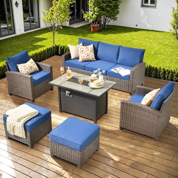 Palermo Brown 6-Piece Wicker Outdoor Modular Patio Furniture Sofa Set with Metal Fire Pit and Navy-Blue Cushions
